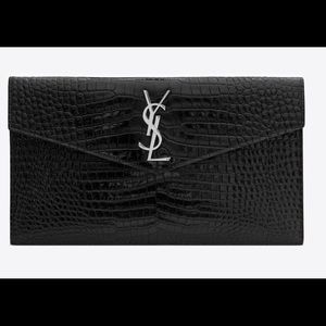 Saint Laurent Croc-Embossed Black Clutch